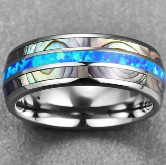 NEW Mens Tungsten Carbide inlaid Shells Blue Opal Statement Ring Gifts Unisex - Picture 3 of 16